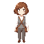 ute anime girl with short wavy brown hair, round glasses, soft smile, white shirt with gray vest, shoulder bag strap, clean anime illustration style, detailed hair shading, simple light background, warm colors,
