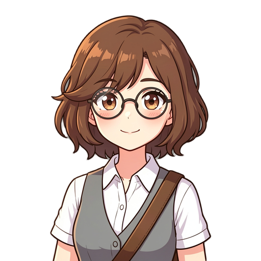 ute anime girl with short wavy brown hair, round glasses, soft smile, white shirt with gray vest, shoulder bag strap, clean anime illustration style, detailed hair shading, simple light background, warm colors,