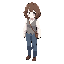 ute anime girl with short wavy brown hair, round glasses, soft smile, white shirt with gray vest, shoulder bag strap, clean anime illustration style, detailed hair shading