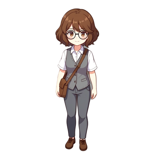 ute anime girl with short wavy brown hair, round glasses, soft smile, white shirt with gray vest, shoulder bag strap, clean anime illustration style, detailed hair shading