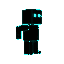 minimal neon pixel arcade runner character, simple black square/cube body, side view facing right, small glowing cyan pixel eyes looking right, thin cyan neon outline glow, clean geometric silhouette, no arms, no legs, no humanoid anatomy, minimalist retr