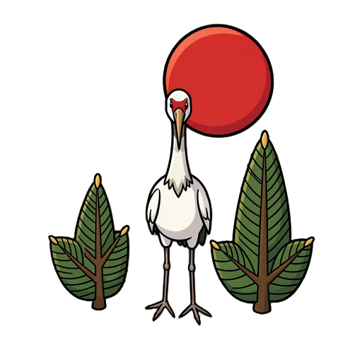 a crane in front of two pine tree and red sun