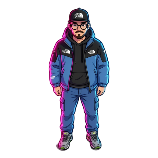 the character wears a blue and black north face jacket with a white logo, black hoodie, blue cargo pants, and gray/green nike air max sneakers. he has a black cap with a white logo, round glasses, and a short beard/mustache. neon lights pink and blue