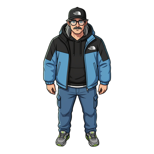 respect the model, the character wears a blue and black north face jacket with a white logo, black hoodie, blue jeans pants, and gray/green nike air max sneakers. he has a black cap with a white logo, round suared glasses,mustache.