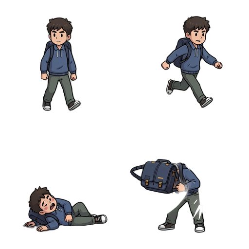 o protagonista é um estudante universitário que, carregando sua mochila,animação básica: fazer animação do personagem parado, andando para a direita, esquerda e pulando. 2. morrendo: fazer animação do personagem morrendo 3. ataque de curto alcance: atacar