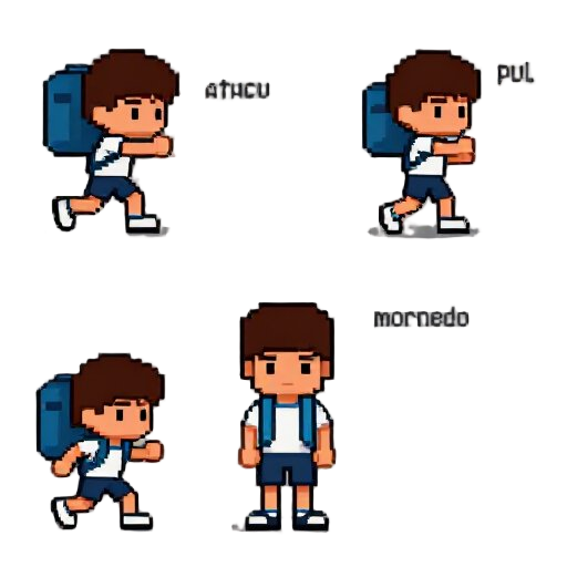 faca uma spritesheets em pixel arte, o personagem e um estudante que usa uma mochila para atacar . na sprite tem que conter correndo, pulando, atacando, morrendo.