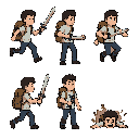 faca uma spritesheets em pixel arte, o personagem e um estudante que usa uma mochila para atacar os desafios como se fosse uma espada. na sprite tem que conter correndo, pulando, atacando, morrendo.