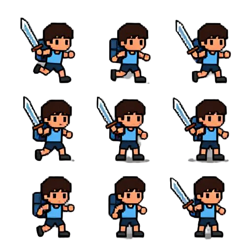 faca uma spritesheets em pixel arte, o personagem e um estudante que usa uma mochila para atacar os desafios como se fosse uma espada. na sprite tem que conter correndo, pulando, atacando, morrendo.