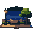 a cozy and serene city street sidewalk at night, an empty wooden bench sits next to a classic street lamp glowing with warm orange light. a single green tree and neat bushes line a stone railing overlooking the background. deep blue night sky filled with 