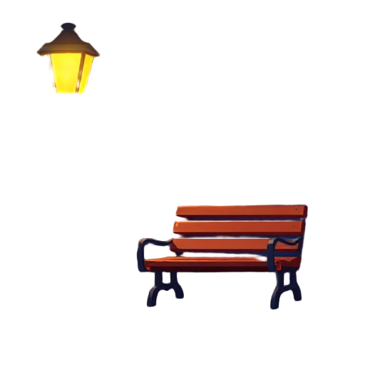 cozy city sidewalk at night, an empty wooden bench near a warm glowing street lamp. deep blue night sky with a crescent moon and stars. retro game aesthetic, clean pixel lines