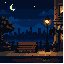 cozy city sidewalk at night, an empty wooden bench near a warm glowing street lamp. deep blue night sky with a crescent moon and stars. retro game aesthetic, clean pixel lines
