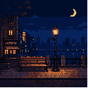 cozy city sidewalk at night, an empty wooden bench near a warm glowing street lamp. deep blue night sky with a crescent moon and stars. retro game aesthetic, clean pixel lines