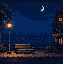 cozy city sidewalk at night, an empty wooden bench near a warm glowing street lamp. deep blue night sky with a crescent moon and stars. retro game aesthetic, clean pixel lines