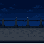 an empty stone sidewalk ground with a classic metal fence railing in the background, night scene, clean pixel textures on the pavement, dark blue night sky behind the railing, retro game aesthetic.