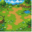 a natural ground with dirt patches and lush green grass, decorated with small colorful wildflowers, daytime scene, bright sunny lighting, clean pixel textures on the soil and vegetation, retro game aesthetic.