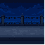 an empty stone sidewalk ground with a classic metal fence railing in the background, night scene, clean pixel textures on the pavement, dark blue night sky behind the railing, retro game aesthetic