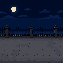 an empty stone sidewalk ground with a classic metal fence railing in the background, night scene, clean pixel textures on the pavement, dark blue night sky behind the railing, retro game aesthetic