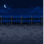 an empty stone sidewalk ground with a classic metal fence railing in the background, night scene, clean pixel textures on the pavement, dark blue night sky behind the railing, retro game aesthetic