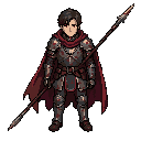 a knight in rusty armor with dark blond hair and brown eyes, a necklace made by his wife, and a lance as a weapon, wearing a red cape.
