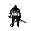 an empty suit of armor, with only mist emanating from within, wielding a sword; the armor is black.