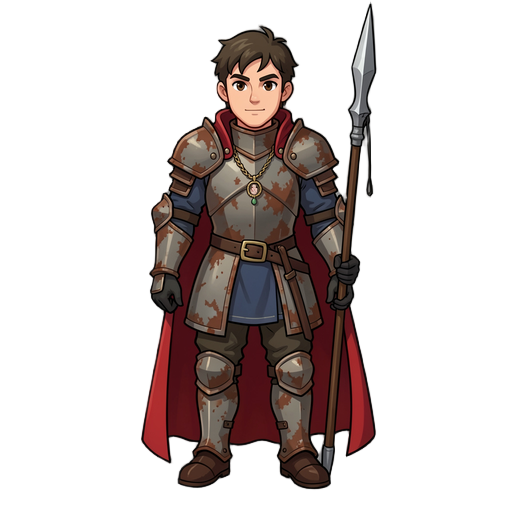 a knight in rusty armor with dark blond hair and brown eyes, a necklace made by his wife, and a lance as a weapon, wearing a red cape.