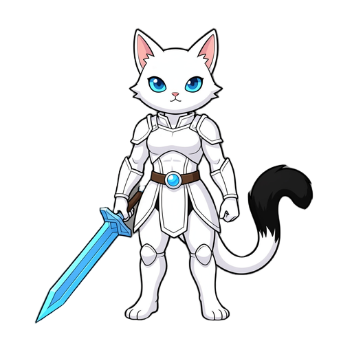 white bipedal warrior cat, blue eyes, black tail tip, blue sword. 