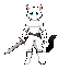 white warrior cat antropormótic, blue eyes, black tail tip, sword 