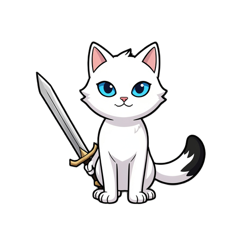 white warrior cat, blue eyes, black tail tip, sword 