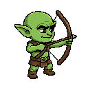 goblin archer in position attack, facing right, green skin, high quality, charismatic, big head, small body, clean pixels, charismatic face, chibi proportions