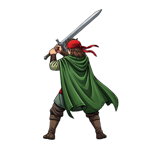 jrpg hero character, anime style, male, holding a bastard sword in both hands, wearing a red bandanna around the forehead, wearing a green cloak draped around the shoulders, in a defensive stance, camera position from behind.. 
