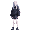 masterpiece, best quality, full body, anime girl, silver long hair, blue eyes, cyberpunk school uniform, black oversized hoodie, pleated skirt, headphones around neck, thigh straps, sneakers, standing pose, entire body visible, clean background