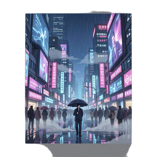 a cinematic cyberpunk city at midnight, rain-soaked streets reflecting neon lights, towering skyscrapers covered in holographic ads, drifting fog, lone figure with umbrella walking through the crowd, ultra detailed, atmospheric lighting, blue and magenta 