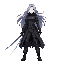 a mysterious female swordsman standing under glowing neon signs in a rainy futuristic alley, long silver hair flowing in the wind, black tactical coat with subtle cybernetic details, sharp blue eyes, calm expression, cinematic lighting, ultra detailed fac