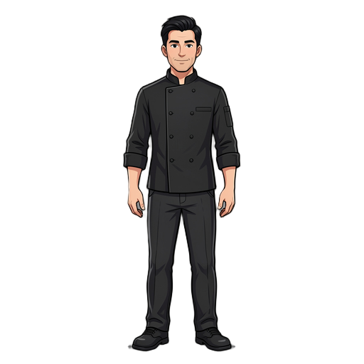 a 30-year-old male chef, 180 cm tall and 65 kg, with short black hair. he is wearing a black chef uniform, breathable black slacks, and black safety shoes. full-body character design, slim build, clean and professional appearance, modern commercial kitche