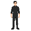 a 30-year-old male chef, 180 cm tall and 65 kg, with short black hair. he is wearing a black chef uniform, breathable black slacks, and black safety shoes. full-body character design, slim build, clean and professional appearance, modern commercial kitche