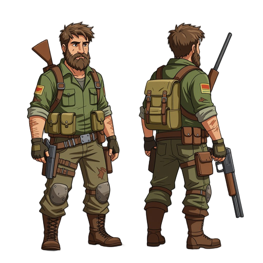detailed 2d side-view survivor character, rugged bearded man with messy brown hair, wearing worn green military clothes, boots, holster and small backpack, holding a shotgun in a natural combat-ready pose, post-apocalyptic style inspired by the last of us