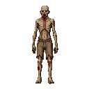 2d zombie the last of us style kinny, emaciated bald zombie walking, crouching posture. the zombie is wearing ragged, torn khaki shorts, has blood dripping from its open mouth, isometric view
