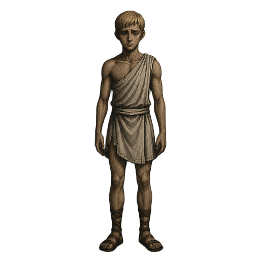 full body dark fantasy character concept of ícaro inspired by blasphemous.  young pale man with a slim athletic body, extremely short blond hair, blond eyebrows and melancholic expression.  he wears minimal greek-inspired white cloth over one shoulder, sh