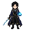 full body, simplified sci-fi fantasy arcane swordsman, dark navy long coat, black outfit, small gold trim, glowing blue energy rapier, blue magic light in one hand, clear readable silhouette, chibi proportions, side-view rpg character, limited color palet
