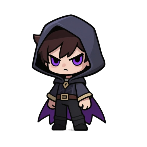 a chibi-style 2d game sprite of a serious male death mage or necromancer, in a full-body standing pose, facing forward. the character has short, dark brown hair partially visible under his hood, and intense, sharp purple eyes with a serious expression.