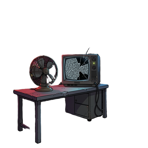 um escritório de segurança noturna assustador estilo fnaf, década de 90. paredes de tijolos escuros, uma mesa de metal com um ventilador de mesa antigo, um monitor de tubo de imagem quebrado exibindo estática, luzes de neon vermelhas e azuis piscando, cab