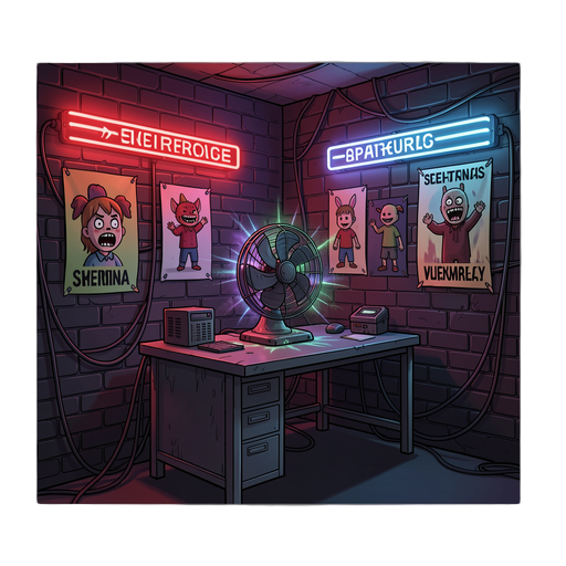 um escritório de segurança noturna assustador estilo fnaf, década de 90. paredes de tijolos escuros, uma mesa de metal com um ventilador de mesa antigo,  estática, luzes de neon vermelhas e azuis piscando, cabos expostos, pôsteres infantis assustadores n