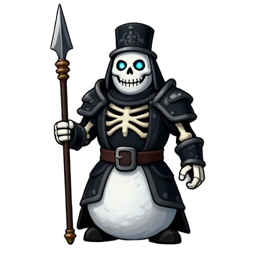 create a front-facing dark fantasy undead snowman soldier character.  a skeletal snowman warrior holding a long spear, designed in a dark fantasy style. the character should have a snowman body mixed with undead skeleton features. make the face a skull wi