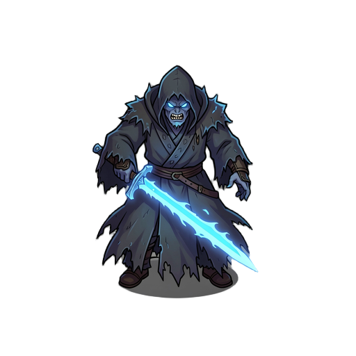 full body swordsman ghost warrior, tattered dark robe, glowing blue blade, vengeful spirit