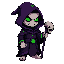 necromancer in dark purple hooded robe with glowing green runes holding a skull staff menacing pale skin