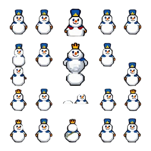 create a pixel art sprite sheet of a snowman soldier monster for a 2d fantasy rpg game.  use the provided reference sprite sheet only for the animation motion, frame count, frame size, spacing, pose timing, and foot movement. do not change the foot motion