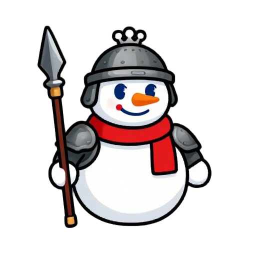 create a front-view pixel art sprite of a snowman soldier monster for a 2d fantasy rpg game.  character design: a cute but slightly aggressive snowman soldier. round snow body, coal eyes, carrot nose, small iron helmet, simple armor, red scarf, and holdin