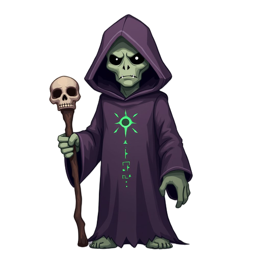 full body necromancer, dark purple hooded robe with glowing green runes, holding a skull-topped staff, pale skin, menacing, centered, white background