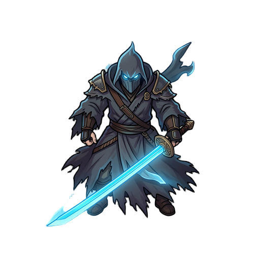 full body swordsman ghost warrior, tattered dark robe, glowing blue blade, vengeful spirit