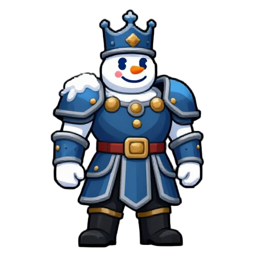 create a high-quality front-view pixel art character sprite of a snowman soldier for a fantasy rpg game.  design the character as a magical winter guard from a frozen kingdom, with a much stronger fantasy feeling. the snowman should look sturdy, detailed,
